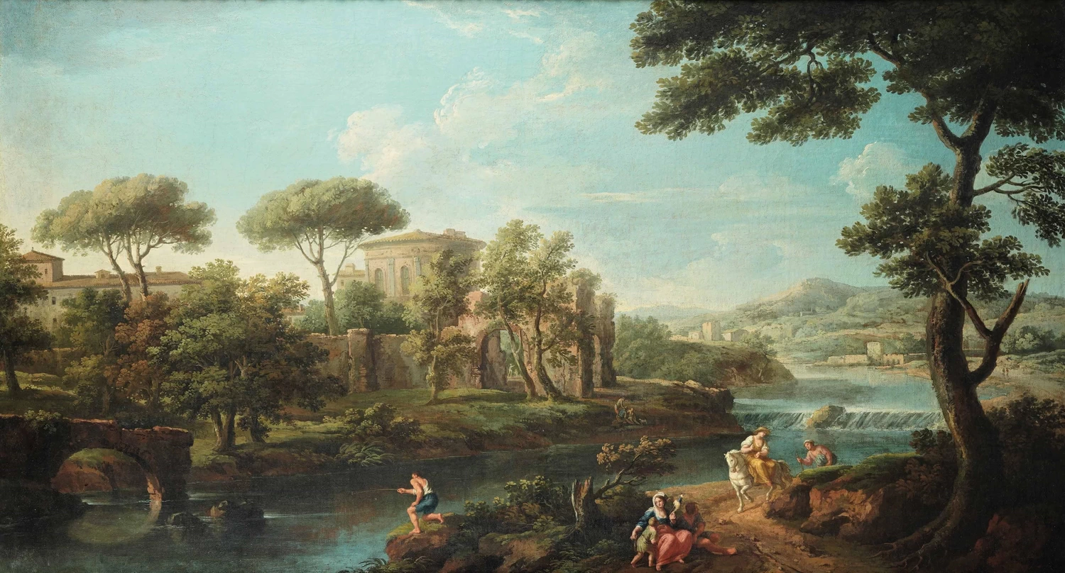 Paesaggi romani con figure in riva al fiume